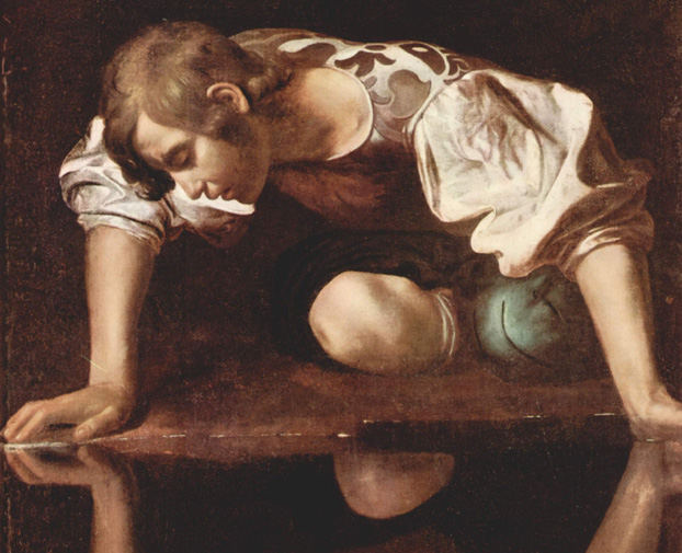 old master painting of Narcissus looking at his reflection