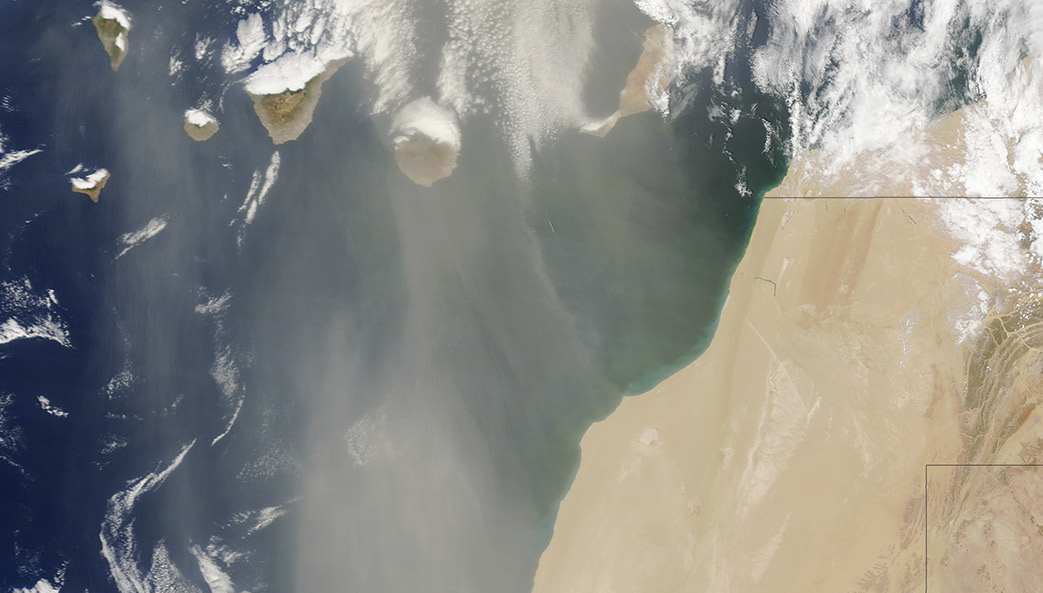 The moderate resolution imaging spectroradiometer on NASA's Terra satellite acquired this natural-color image of dust sweeping off the coast of Western Sahara and Morocco