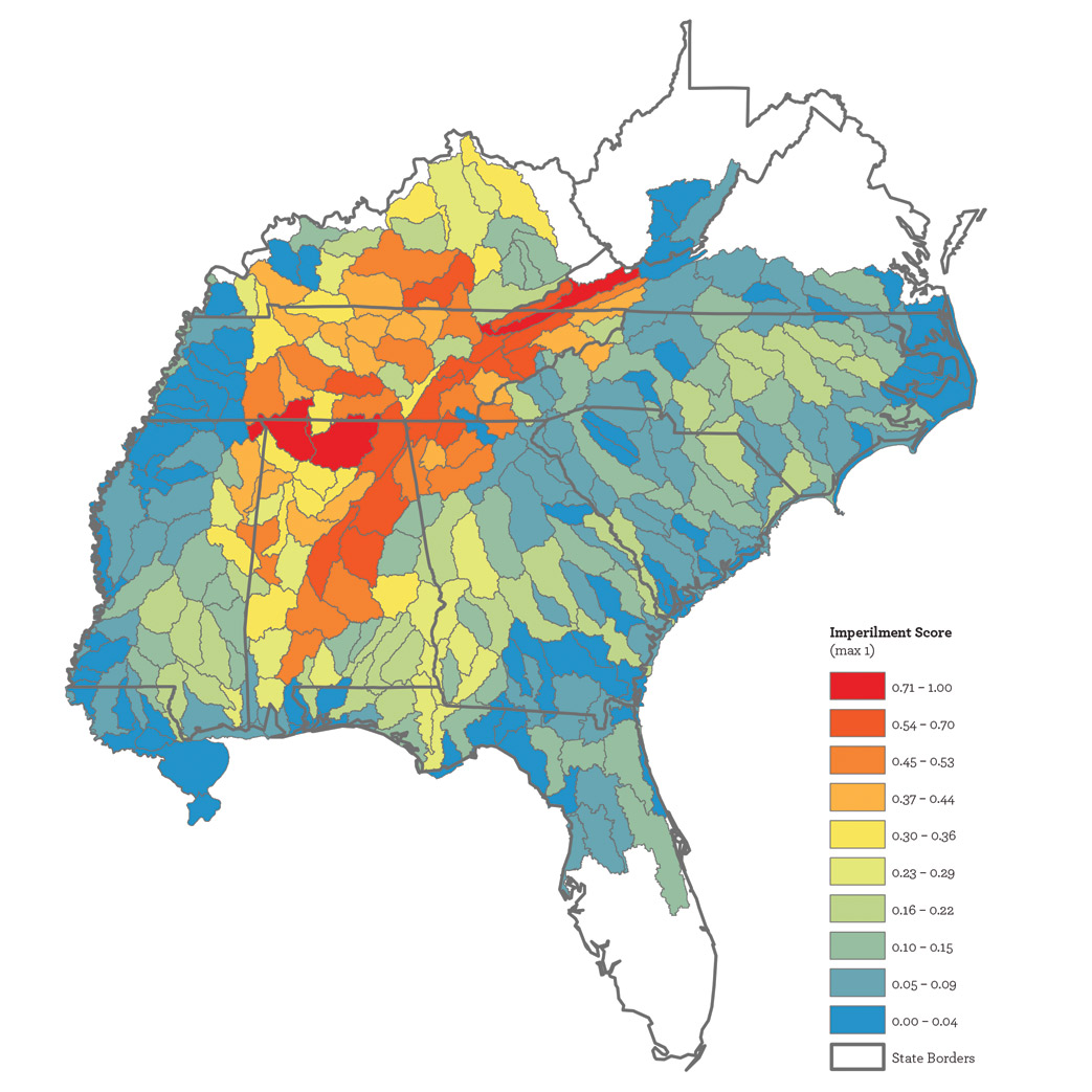 heat map of imperiled waterways in Southeast