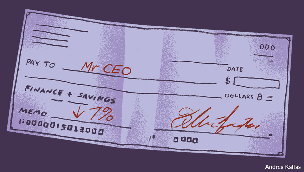 Illustration of check issued to CEO is down 7% from previous year