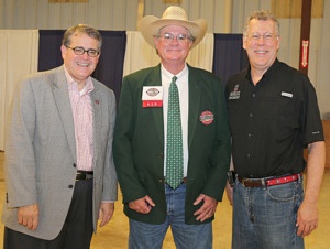 UGA President Jere W. Morehead and CAES Dean Sam Pardue with Georgia Farmer of the Year James Vaughn. (Photo by Clint Thompson)