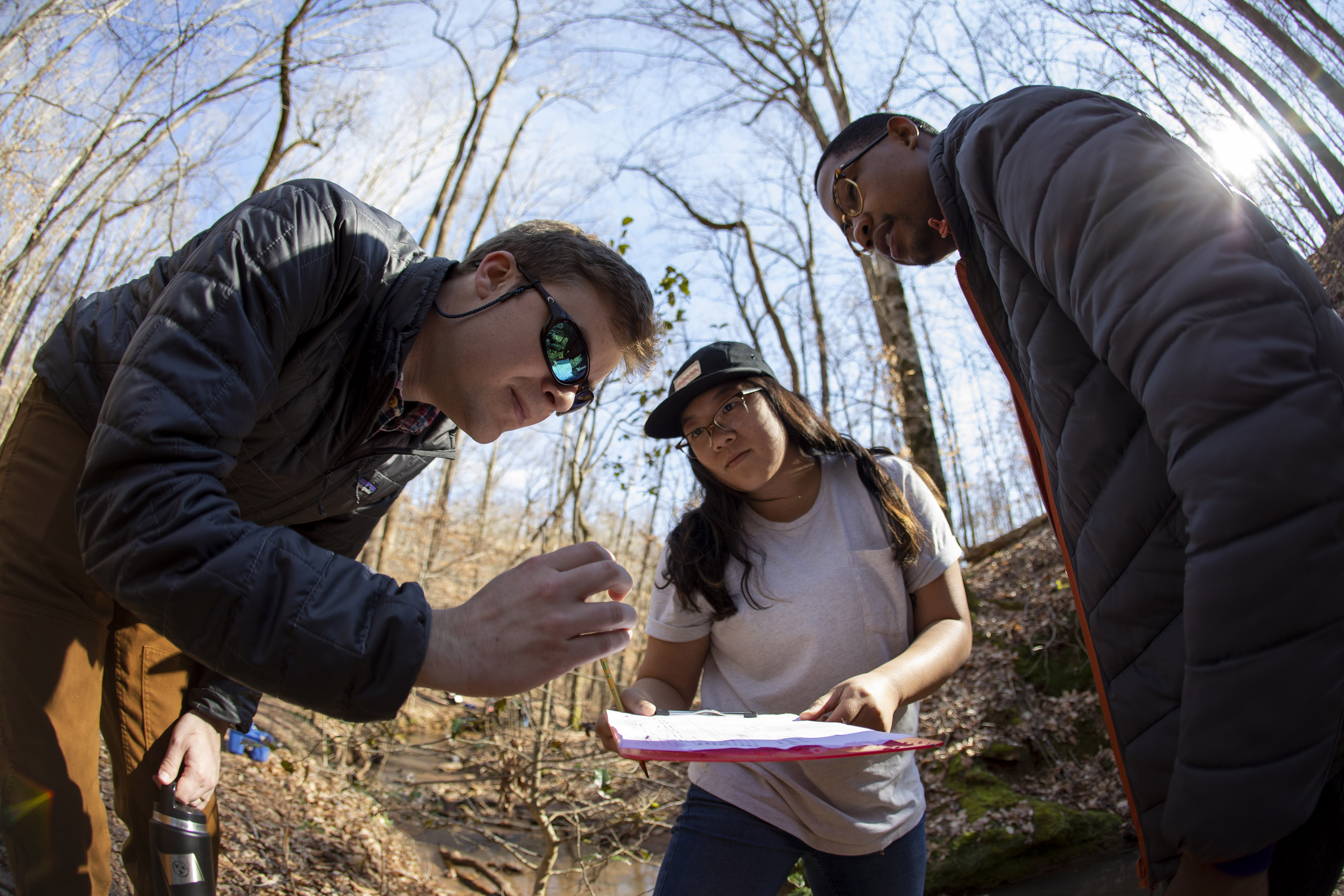 (L-R) Teaching assistant and PhD student Bryan Bozeman looks at a small animal with undergraduates Josephine Tam and Martin as the look for small animals and bugs as they sample as part of their Stream Ecology Lab in a stream off the orange trail at the State Botanical Gardens.
