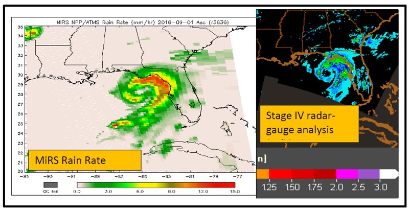 Satellite estimate of rain rate (mm/h) from the Microwave Integrated Retrieval System (MiRS) around Tropical Storm Hermine 1 September 2016 (left), and the Stage IV radar-gauge analysis (right), courtesy of NOAA.