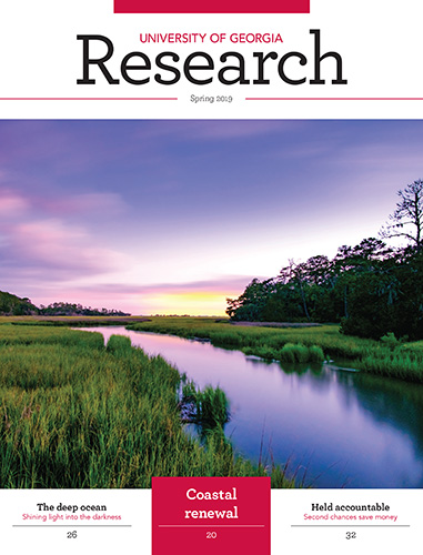 University of Georgia Research Magazine Spring 2019 cover with photo of tidal creek