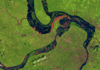NASA satellite image of flooding at the confluence of the Illinois, Missouri and Mississippi rivers near St. Louis on Aug. 19, 1993.