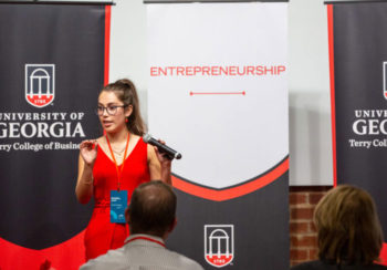 Kendra Garcia, founder of Eye Drool Designs and a student in UGA's College of Engineering, pitches her company to a panel of judges during the UGA Idea Accelerator Demo Day pitch competition at Studio 225 on Nov. 11. Garcia and her company won the $5,000 top prize.