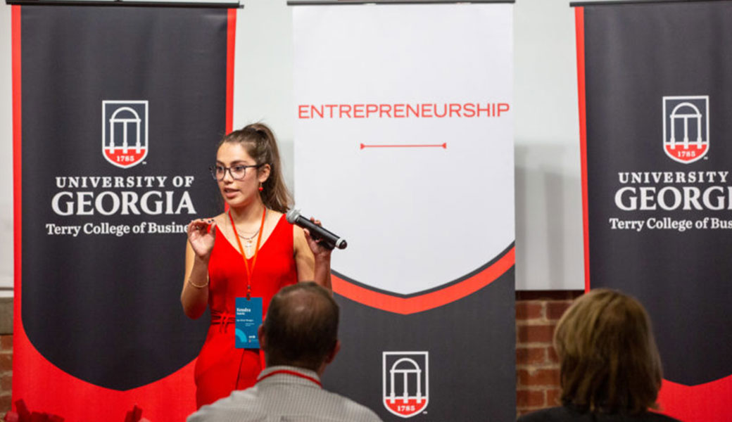 Kendra Garcia, founder of Eye Drool Designs and a student in UGA's College of Engineering, pitches her company to a panel of judges during the UGA Idea Accelerator Demo Day pitch competition at Studio 225 on Nov. 11. Garcia and her company won the $5,000 top prize.