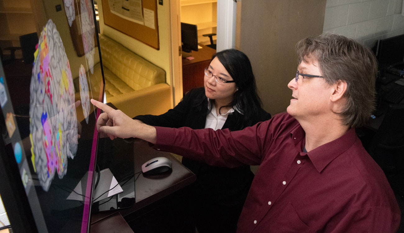 Jiaying Liu and Lawrence Sweet reviewing fMRI images in laboratory