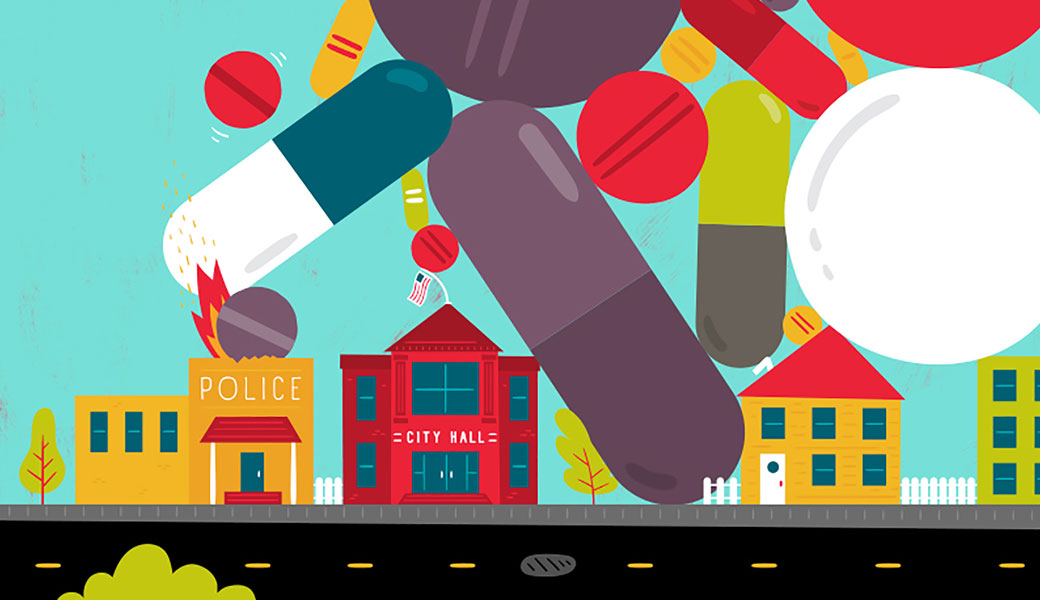 Graphic of pills and city scape