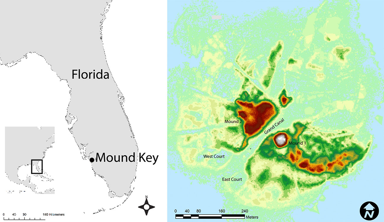 map show location of Mound Key, FL and lidar map shows standout features of Mound Key
