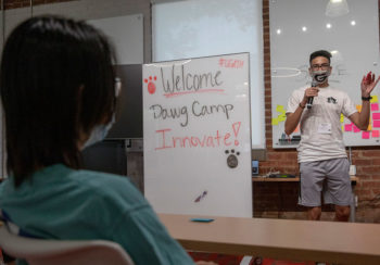 Incoming student Hussain Hassan pitches a startup business idea during Dawg Camp Innovate at Studio 225