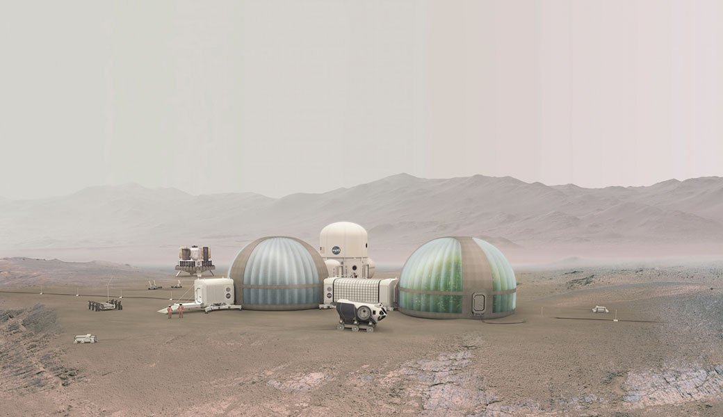 A rendering of a house beside a greenhouse on Mars
