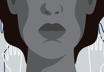 illustration of a woman's face up color with raised hands around her