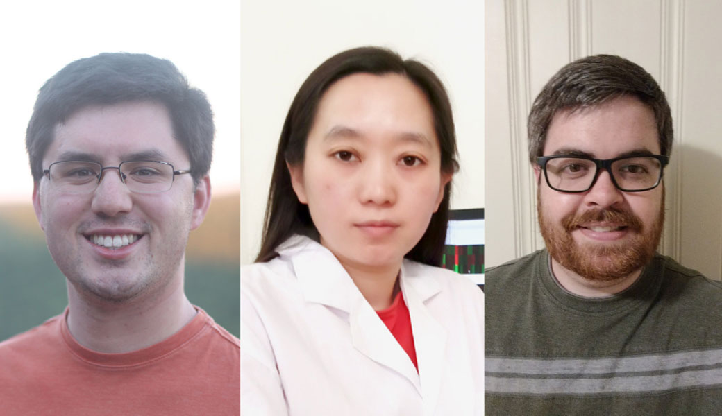 From left, Sean Beckwith, Xiaoyun Wang and Brent Simpson received the NIH’s Ruth L. Kirchstein Postdoctoral Individual National Research Service Award in 2020