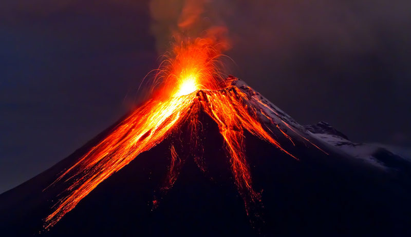 Tungurahua Volcano eruption at night, with snow, Ecuador