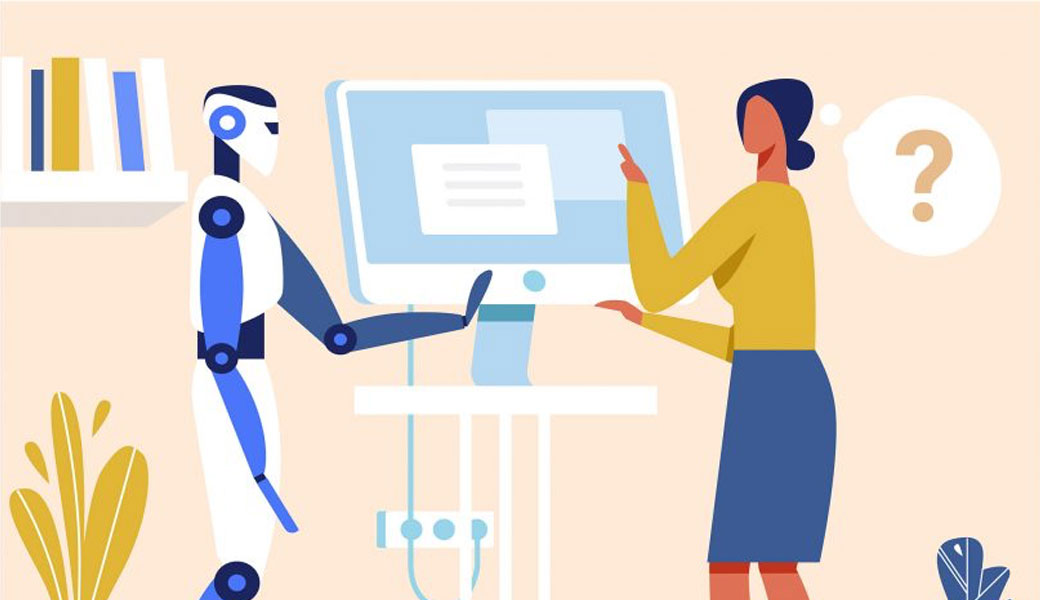 illustration of robot working with woman at computer