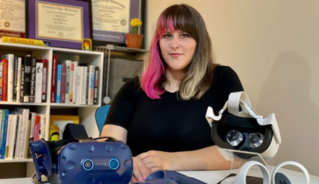 photo of UGA's Haley Hatfield with her virtual reality equipment