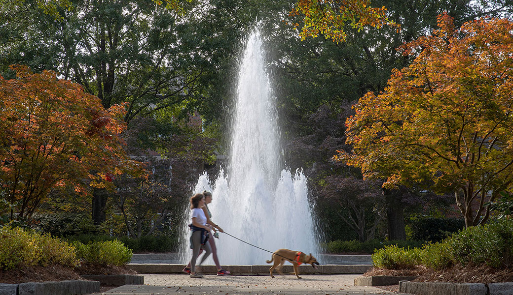Students walk their dog at Herty Field.