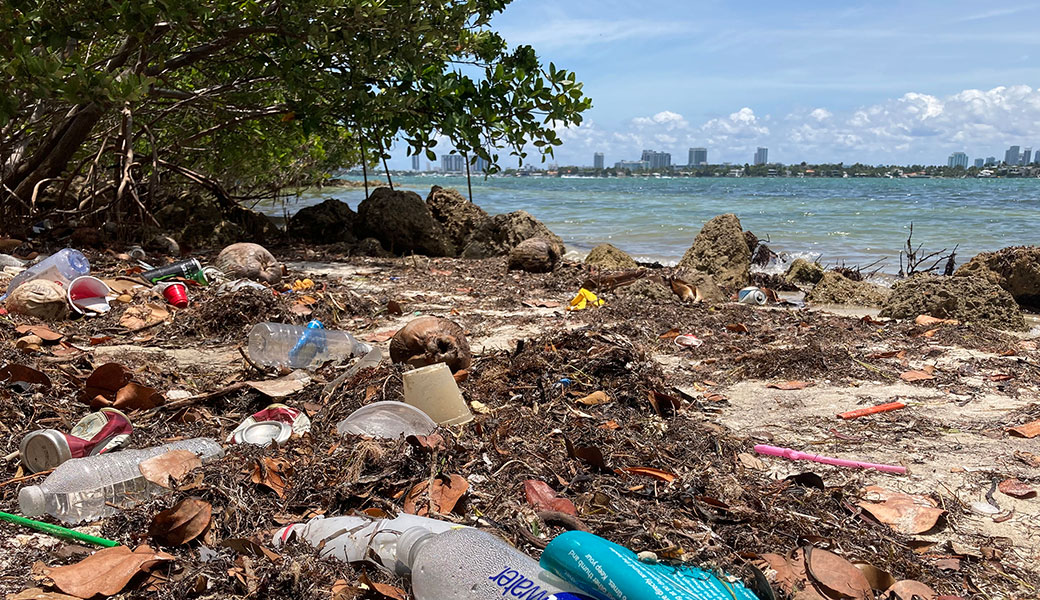 Plastic and other garbage litters the beach on Pace Picnic Island in Miami
