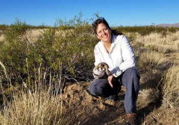 Tracey Tuberville holds a desert tortoise in the Mojave National Preserve in California. (Photo by Mark Peaden)