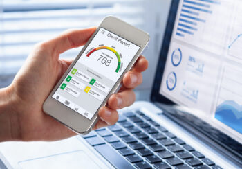 Credit Report with Score rating app on smartphone screen showing creditworthiness of a person for loan and mortgage application based on payment history and debt usage, budget management performance