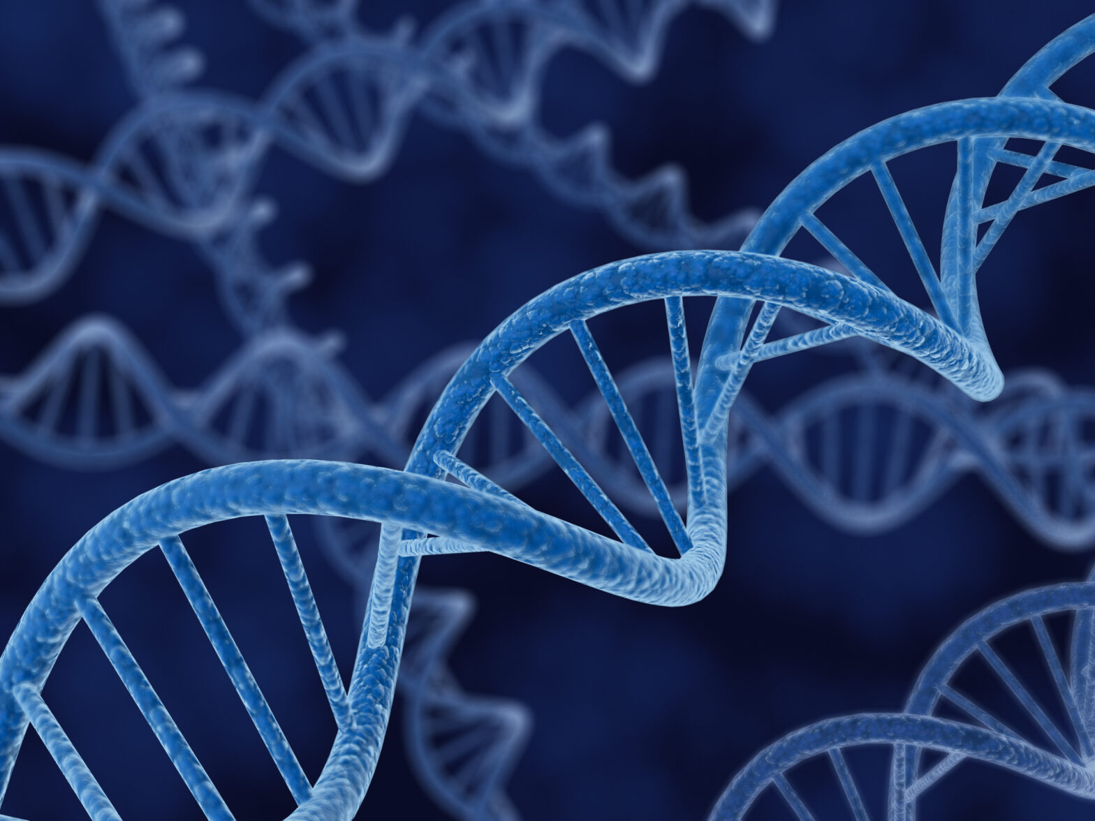 light blue 3D render of a DNA spirals