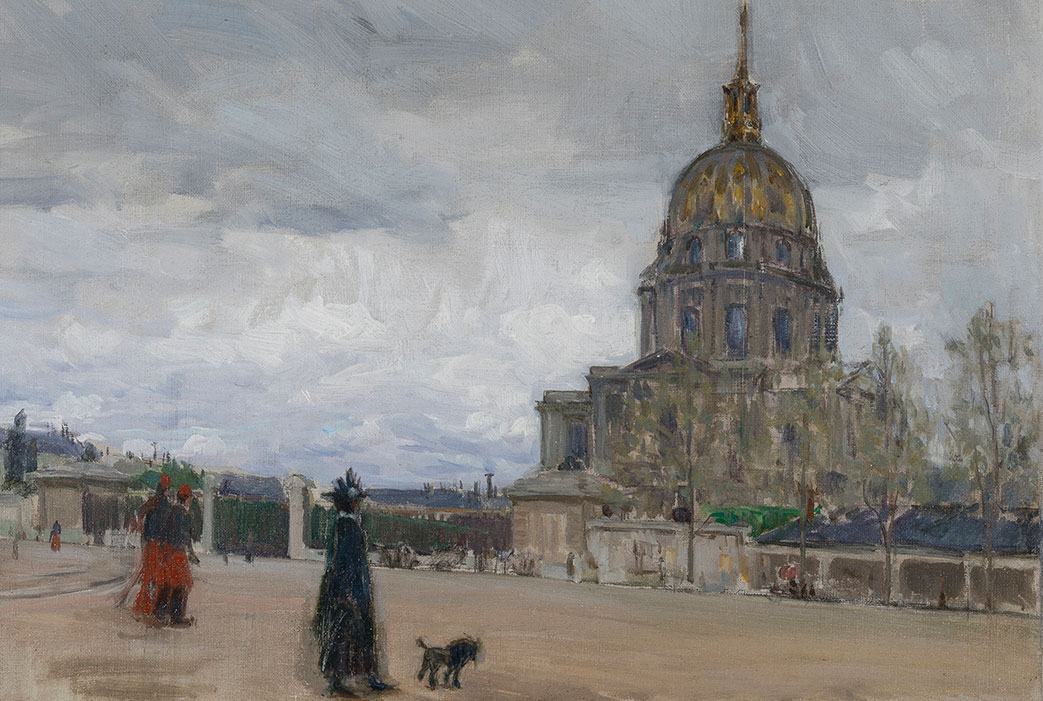 Oil on canvas painting of a woman in black walking a black dog and walking past a golden domed building.