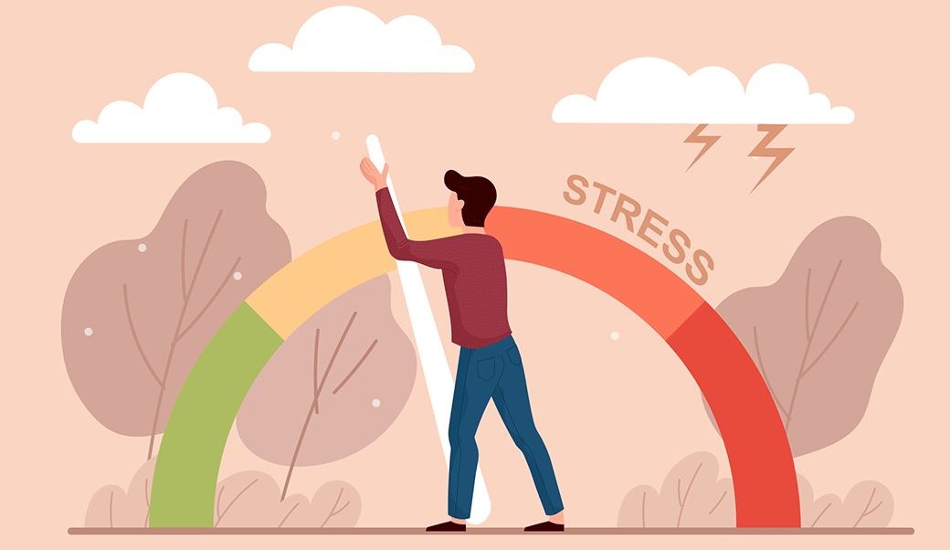 Animation of a person standing in front of a stress meter with indicator showing from green to red indicating good to bad stress.