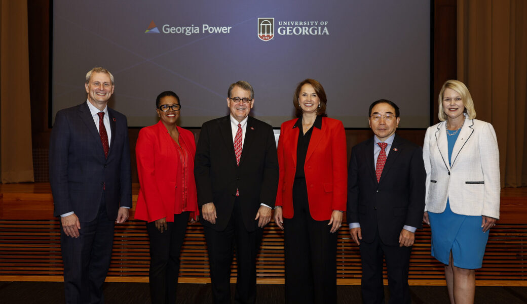 Pictured left to right are Donald Leo, College of Engineering dean; Bentina Terry, senior vice president of customer strategy and solutions at Georgia Power; UGA President Jere W. Morehead; Kim Greene, chairman, president and CEO of Georgia Power; Senior Vice President for Academic Affairs and Provost S. Jack Hu; and Meredith Lackey, executive vice president of external affairs and nuclear development at Georgia Power.