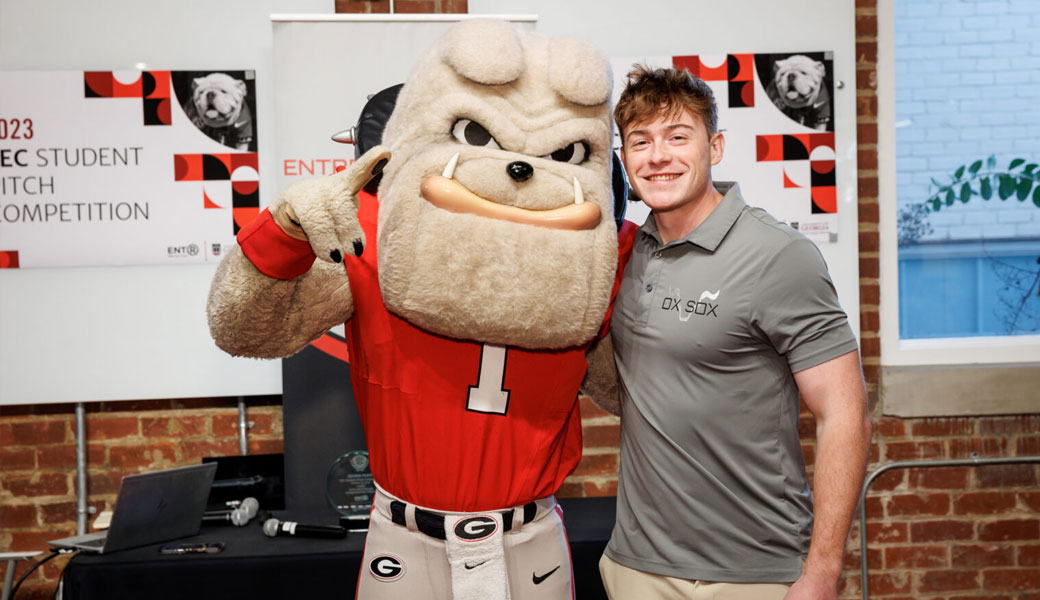 Hairy Dawg poses for photos at the 2023 SEC student pitch competition on Monday, October 23, 2023 in Athens, Ga.