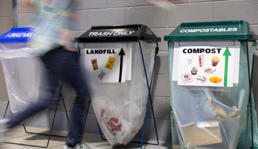 Fans dispose of trash in organized bins at Foley Field during a zero waste initiative in 2023. (Photo by Chamberlain Smith/UGA)
