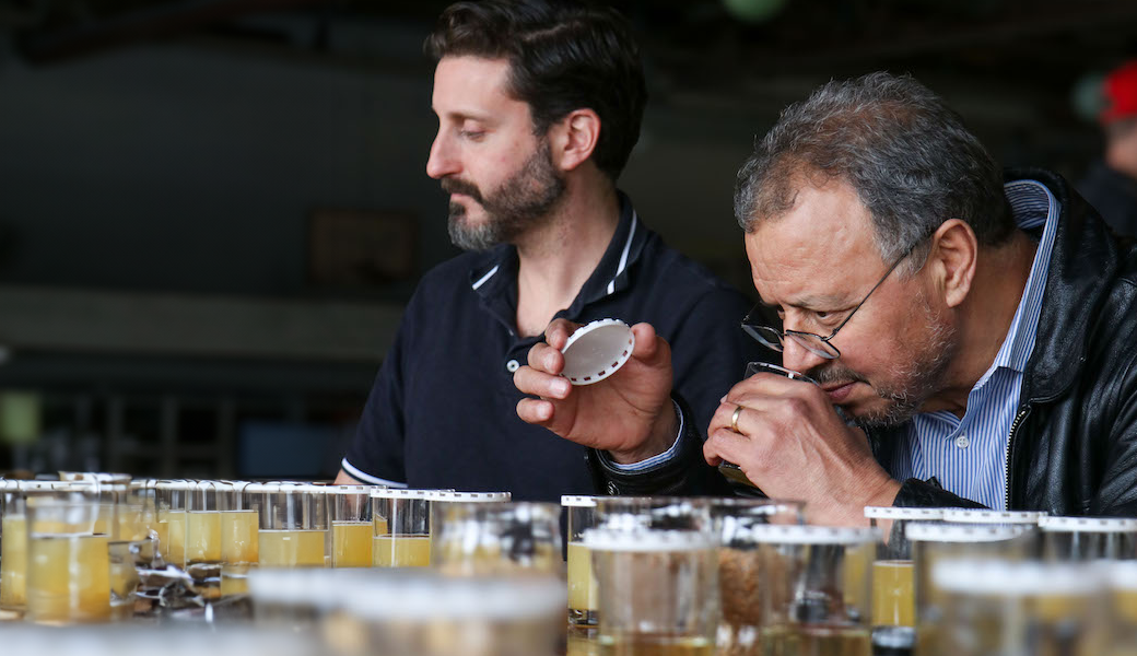 Daniel Reingold (left), director of key partnerships with Creature Comforts Brewing Co., and CAES Professor Mohamed Mergoum participate in a blending lab to create this year's Get Comfortable Wheated IPA. (Photos by Katie Walker)