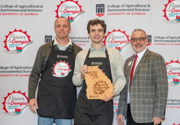 (L to R) New Creation Soda Works Founder and CEO Paul Kooistra, Head Brewer Alex Harding, CAES Dean and Director Nick Place. (Photo by Dennis McDaniel)