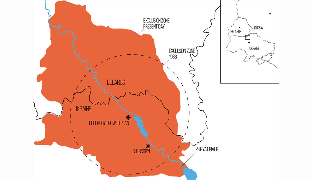 A map displays the countries of Belarus, Ukraine, and Russia. A circle encompasses the Chernobyl Nuclear Exclusion Zone.