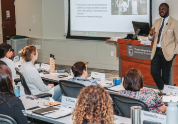 Onyedika (Kachi) Ekwerike, a lecturer at the UGA Institute for Leadership Advancement, leads a discussion with Boehringer Ingelheim participants during his session of the Sustainable Development Excellence Certificate Program at the Terry Executive Education Center in Atlanta on June 26, 2024.