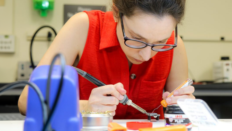 Tarcha building the flood sensor in the College of Engineering’s fabrication lab on Monday, July 15, 2024.