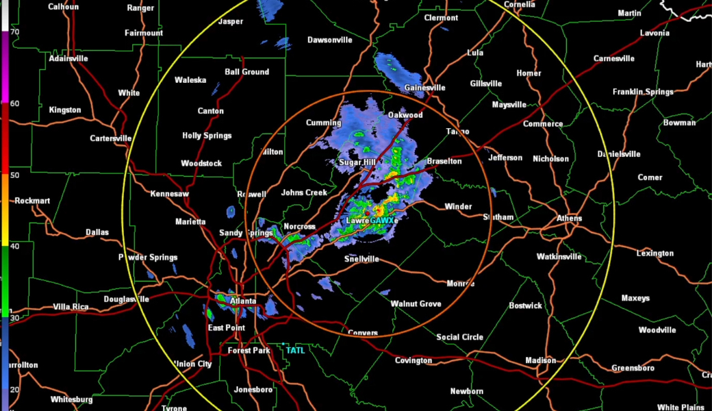 Radar returns from the X-band weather radar shows storms over Northeast Georgia.