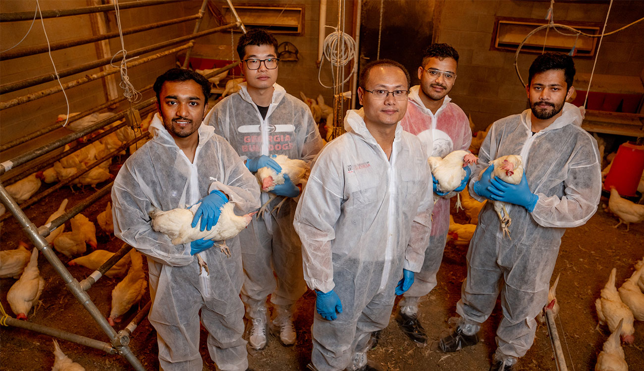 Chai (center) leads a team of researchers that includes graduate students (from left) Samin Dahal, Xiao Yang, Bidur Paneru, and Anjan Dhungana.