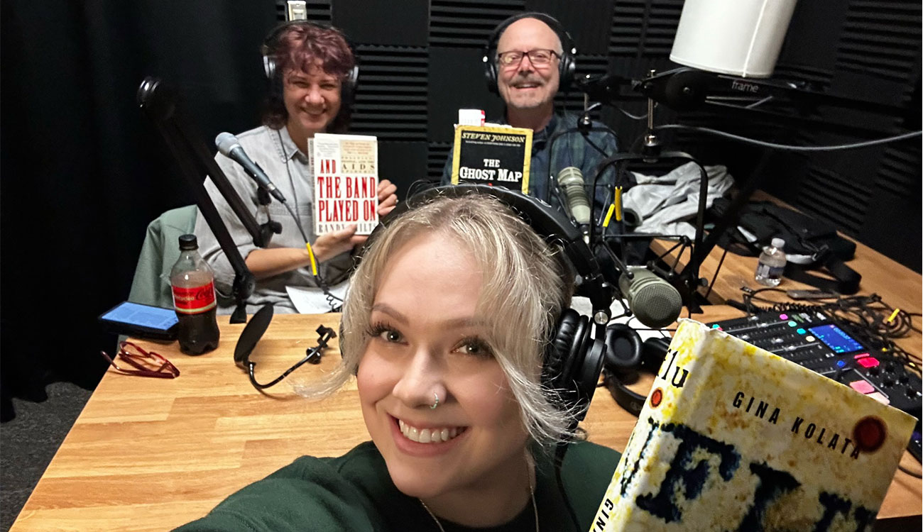 People, Parasites and Plagues podcast Assistant Producer Sy Wiegand (front) with hosts Kim Klonowski (left) and David Peterson (right) during the taping of the book club episode.