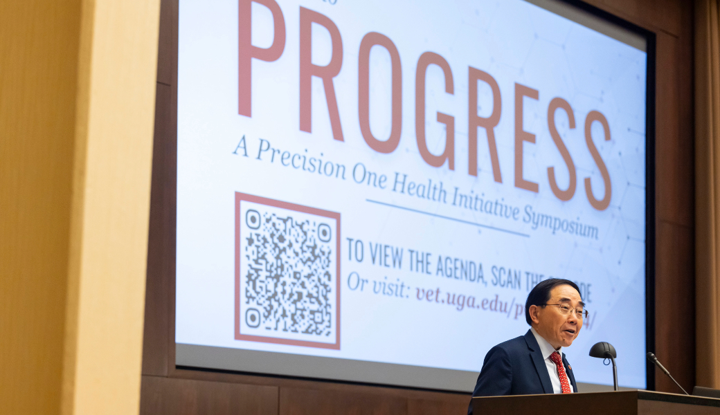 S. Jack Hu, senior vice president for academic affairs and provost, speaks during the Precision One Health Initiative Symposium at the University of Georgia Center for Continuing Education & Hotel.