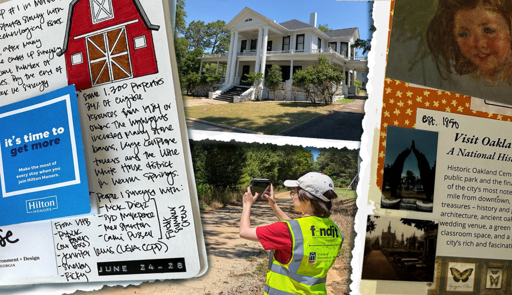 (L-R) Pages from Haylee’s junk journal, a two-story Queen Anne House in the Neoclassical Revival style, and Camie Russell (FindIt Surveyor) photographing buildings on a dirt road in Meriwether County, Georgia. Remnants of a bygone era where one could send mail, get gas, and buy groceries all in the same building. Located in the Mountville Historic District in Mountville, Georgia (c. 1905).