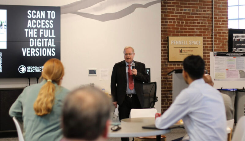 Bjorn Birgisson, chair of the School of Environmental, Civil, Agricultural and Mechanical Engineering, Georgia Power E-Mobility Distinguished Professor and Georgia Network for Electric Mobility executive director, addresses participants of the fourth annual University of Georgia Electric Mobility Summit on March 12 at the Delta Innovation Hub.