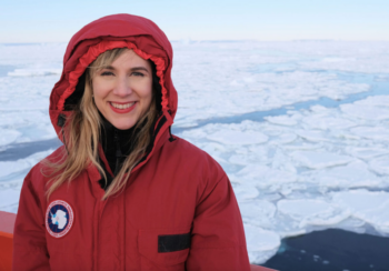 UGA Associate Professor Holly Bik stands on the bow of the Nathaniel B. Palmer, the icebreaker that took her team on a research expedition to East Antarctica for 48 days from February to May 2023, conducting research in a location no U.S. research vessel had traveled in 22 years.