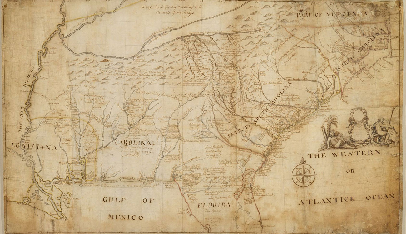 A map of Southeastern North America dated 1721.