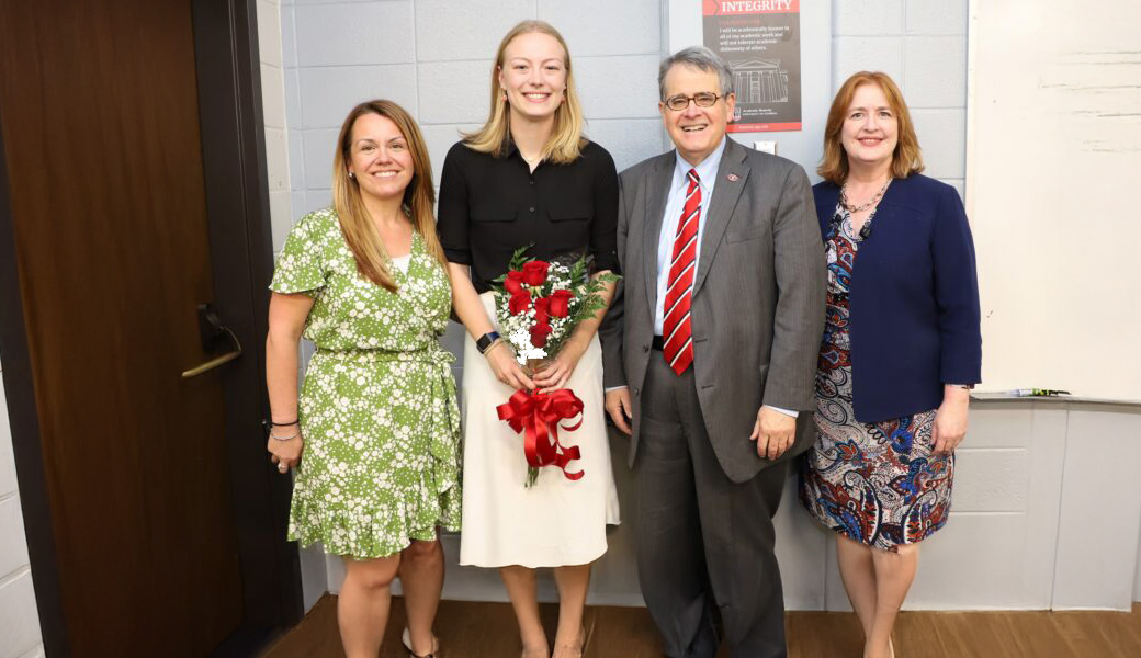 UGA President Jere W. Morehead and Meg Amstutz, dean of the Morehead Honors College, surprised senior Sadie Bengs with the news that she is a 2025 Truman Scholar during her class on Monday, April 14. Bengs was attending a course on American foreign policy, taught by Maryann Gallagher, director of the Richard B. Russell Security Leadership Program.