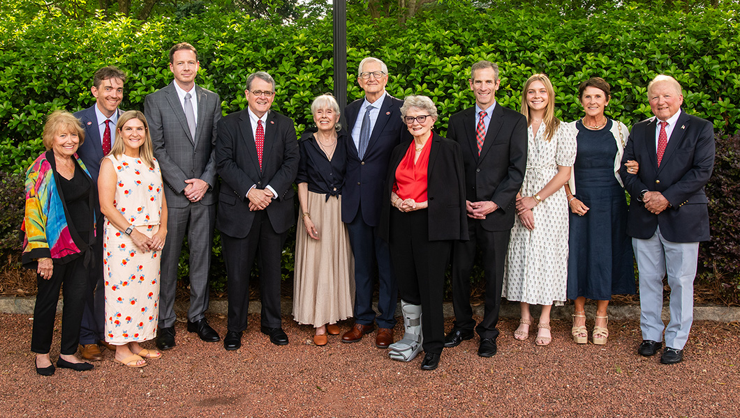 From left to right, Ed’s daughter Sally Benson, Kevin Epps, Jessica Epps, Gary K. Bertsch Director for the Benson-Bertsch Center for International Trade and Security Justin Conrad, UGA President Jere W. Morehead, Joan Bertsch, UGA Professor Emeritus and Center for International Trade and Security Founder Gary Bertsch, Benson-Bertsch Center for International Trade and Security donor Robin Benson, School of Public and International Affairs Dean Matthew Auer, UGA graduate student Kaley Walker, Ed’s daughter-in-law Pam Benson, and Ed’s son Larry Benson.