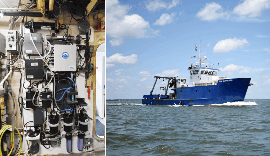 The new flow-through system aboard the R/V Savannah uses more than a dozen instruments to continuously measure biogeochemical parameters on the ocean’s surface.