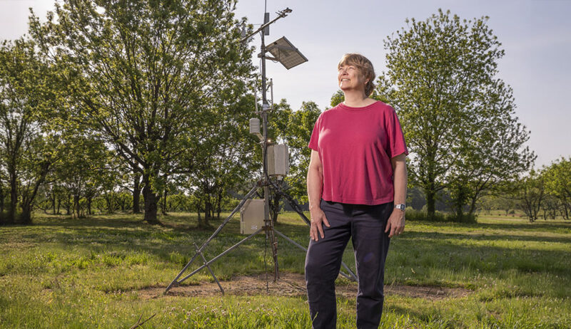 UGA Weather Network Director Pam Knox monitors the effects of climate change on agriculture throughout the U.S. Here, she checks a weather monitoring system at Durham Horticulture Farm in Watkinsville, Georgia. (Photo by Dennis McDaniel)