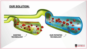 When exposed to nitric oxide, platelets remain inactivated and biofilm is not allowed to form. Nytricx’s patented technology allows smooth sailing for red blood cells. (Illustration by Janet Beckley)
