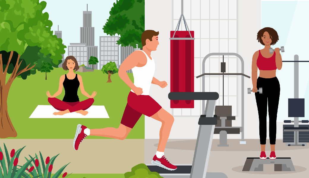A new UGA study shows that the mental health benefits of physical activity can vary significantly depending on the environment and circumstances surrounding the activity. (Illustration by Lindsay Robinson/UGA)